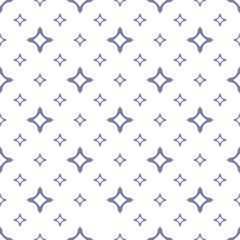 Vector seamless pattern with stars, diamond shapes, small outline squares. Abstract geometric texture in white and blue serenity colors. Elegant ornamental background. Repeat design for decor, textile