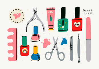 Various manicure accessories, equipment, tools. Nail scissors, nail file, tweezers, nail polish, hand cream, polish remover, brush etc. Hand drawn colored vector set. All elements are isolated