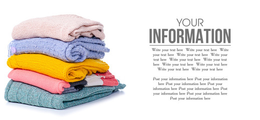 Stack color sweater on white background isolation, space for text