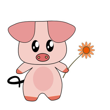 Pretty pink pig holding one yellow flower on white background.