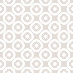 Funky style vector seamless pattern. Simple geometric texture with circles, rings, rounded grid. Subtle abstract background. Stylish minimalist beige and white repeat backdrop. Decorative design