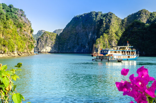 Scenic view with limeston mountains in the bay near Cat Ba Island, Vietnam