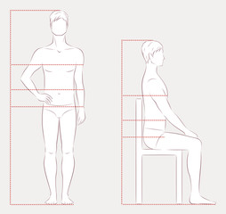 Male silhouette. Front standing and side sitting positions