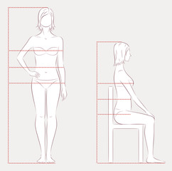 Female silhouette. Front standing and side sitting positions