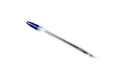 transparent ballpoint pen with blue cap on white background