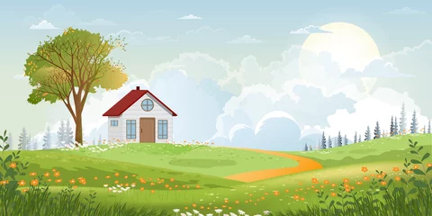 Cartoon vector lente landschap met berg, blauwe lucht en wolk, Panorama groene velden, boerderij op zonnige dag zomer, rustige natuur in de lente met grasland en wilde bloemen op het platteland Uk © Anchalee
