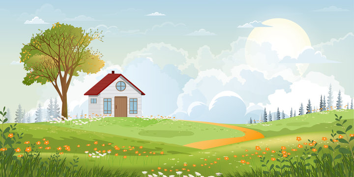 Cartoon Vector Spring Landscape With Mountain, .blue Sky And Cloud,Panorama Green Fields, Farmhouse On Sunny Day Summer,Peaceful Nature In Springtime With Grass Land And Wild Flowers In Countryside Uk