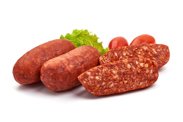 Traditional spanish Chorizo sausages, isolated on white background