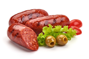 Grilled Spanish chorizo sausages, isolated on white background