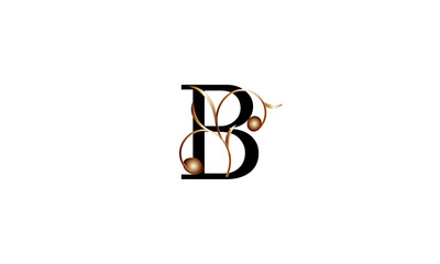 Elegant letter B in black with a botanical metallic element. Vector logo design. Alphabet label sign for brand and identity.