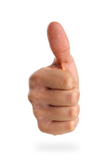 Male arm showing OK or confirm sign with thumb up closeup isolated on white background. High level and quality adviser offer and happy client