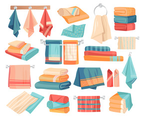 Large set of colored towel icons hanging on pegs, folded in assorted stacks and piles, rolled as a decoration and laid out flat, vector illustration