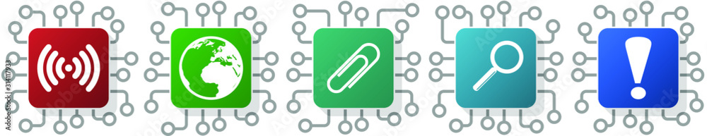 Poster set of earth, wifi and office icons for webdesign and mobile applications, cpu, chip concept vector 