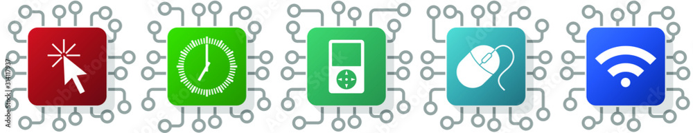 Poster Set of arrow, clock, mouse and wifi icons for webdesign and mobile applications, cpu, chip concept vector illustration