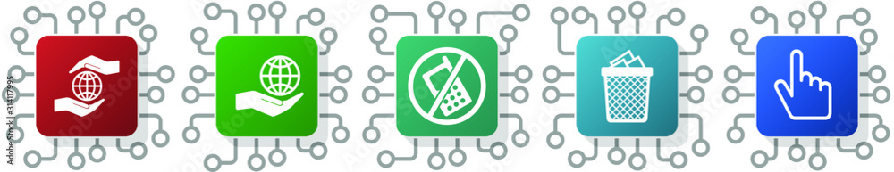 Aufkleber set of earth protect, trash can and hand icons for webdesign and mobile applications, cpu, chip conc