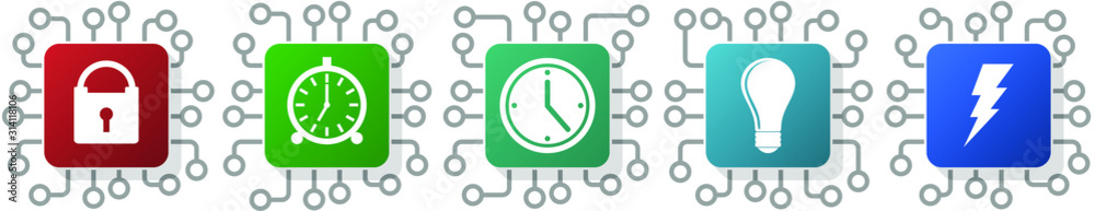Poster set of time, clock, padlock, power icons for webdesign and mobile applications, cpu, chip concept ve