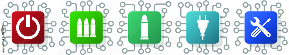 Poster set of tool, plug, power, electricity and bullet icons for webdesign and mobile applications, cpu, c
