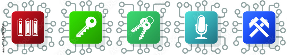 Poster set of key, access, microphone, electricity and mine icons for webdesign and mobile applications, cp