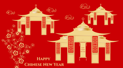 Happy chinese new year. Sakura tree, architecture and clouds and scroll. Gold and red asian elements in craft style on a red background. Vector illustration