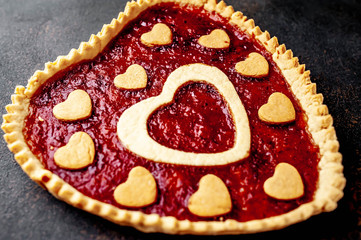 cake with heart-shaped jam for valentines day, close-up
