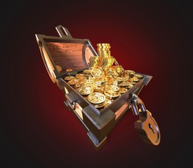 3d render. Treasure chest with euro money and gold. Render.