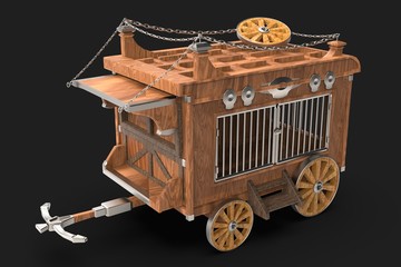A mini pickup truck car with cages to carry chicken.