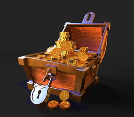 3d render. Treasure chest with euro money and gold. Render.