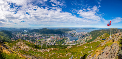 Aerial view to the Norwegian city of Bergen from Mount Ulriken in summer