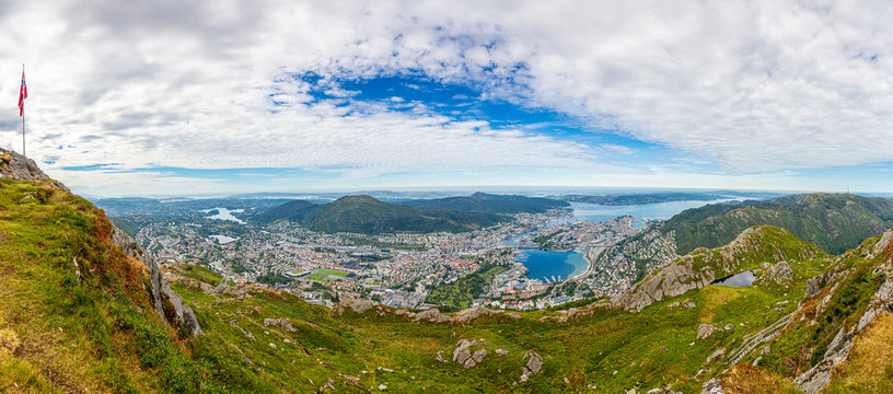 Aerial view to the Norwegian city of Bergen from Mount Ulriken in summer
