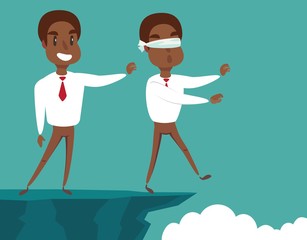 Obraz premium Business man pushing his competitor off the cliff. Concept of competition, sabotage and danger of the corporate business world. Vector cartoon illustration.