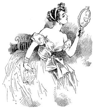 French humor and caricature: young attractive woman fancy dressed for a party looking in the mirror