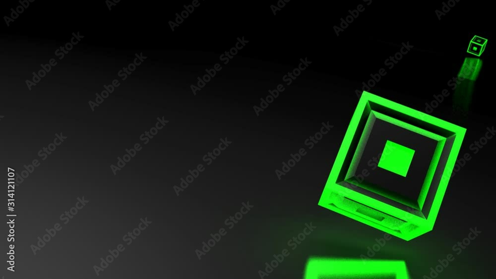 Poster a black cube with green lighted structure is rotating over a red surface having a white grid - 3d re