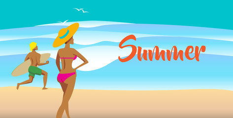 Summer poster design. Cartoon style girl. Vector illustration.