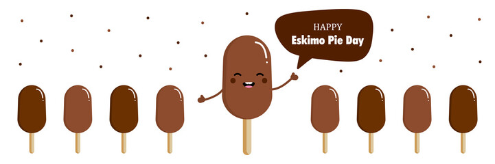 International Eskimo Pie Day greeting card with cute cartoon eskimo pie character. - obrazy, fototapety, plakaty