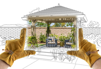 Male Contractor Hands Framing Completed Section of Custom Pergola Patio Cover Design Drawing - obrazy, fototapety, plakaty