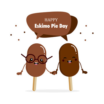 International Eskimo Pie Day greeting card with couple of cute cartoon eskimo pie characters.