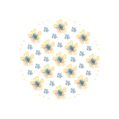 Round frame of watercolor summer yellow and blue flowers on a white background. Use for wedding invitations, birthdays, menus and decorations.