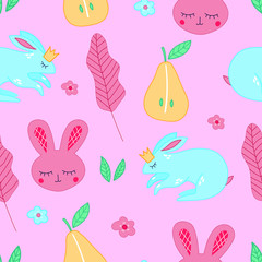 Vector seamless childish pattern with pink hare, blue rabbit, leaves, pear, flowers on a pink background.