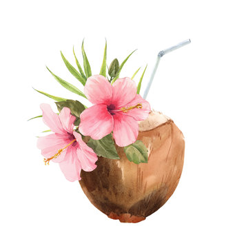 Beautiful watercolor tropical coconut stock illustration. Ready for drink. With flowers, palm leaves and swizzale stick.