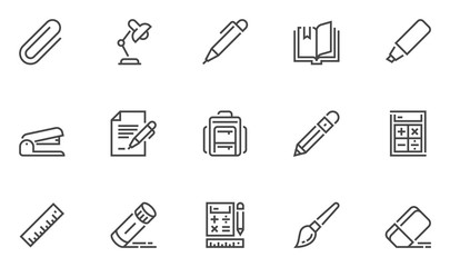 School Supplies Vector Line Icons Set. Paper Clamp, Pencil, Document, Stapler, Schoolbag. Editable Stroke. 48x48 Pixel Perfect.