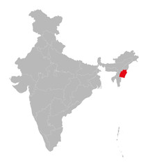 Manipur state map highlighted on indian map. Light gray background. Perfect for business concepts, backdrop, backgrounds, label, sticker, chart etc.