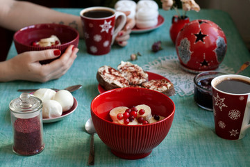 Breakfast for two: homemade cheese with berries and banana, black coffee, oil soaps, boiled eggs, jam and marshmallows..
