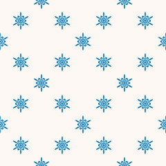 Vector geometric snowflakes seamless pattern. Minimalist winter texture with small blue snow flakes on white backdrop. Christmas and New Year theme, winter holidays background. Simple repeat design