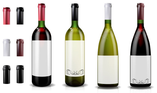 Red and white wine bottles. Caps or sleeves, closing the stopper.