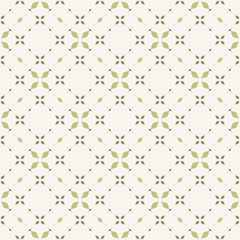 Green floral seamless texture. Vintage geometric pattern with small flowers, petals, leaves, grid. Simple vector abstract background in light green and white color. Elegant ornament. Repeat design