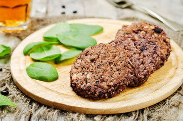 black beans brown rice walnut oat burgers with spinach