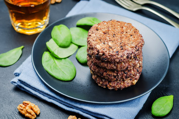 black beans brown rice walnut oat burgers with spinach