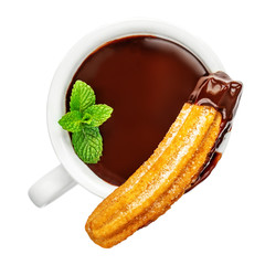 Churro pastry with a cup of melted chocolate dip isolated on a white background.  Top view. Traditional Mexican snack