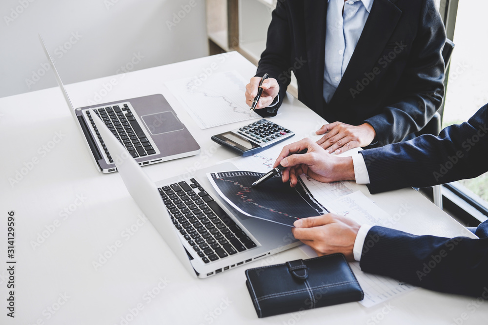 Poster business team investment working with computer and analysis graph stock market trading with stock ch