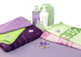 Obraz na płótnie Canvas Personal hygiene items, towels on a table close-up